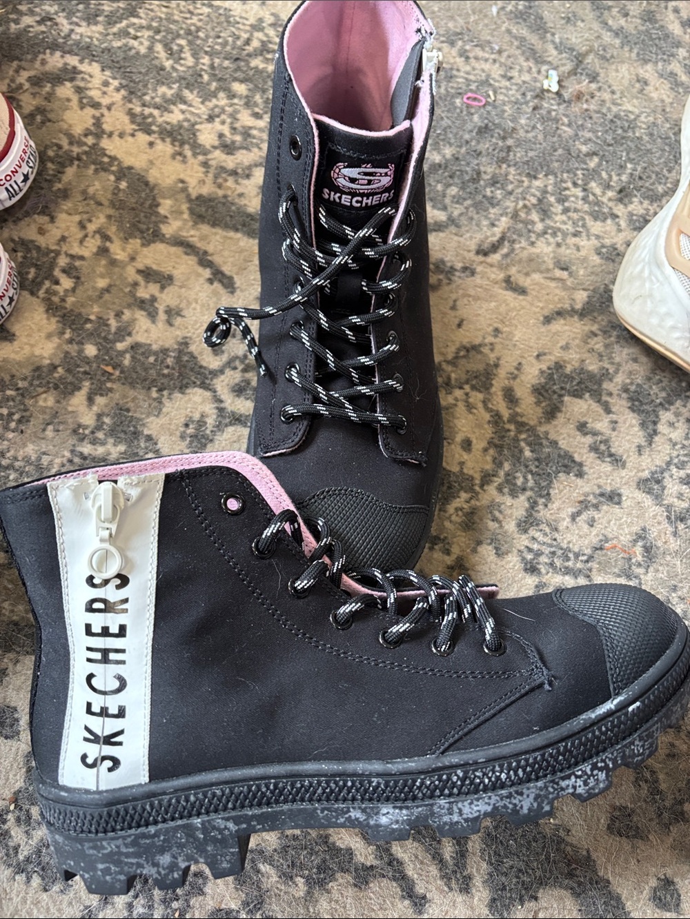 Skechers Black and Pink Lace-Up Combat Boots